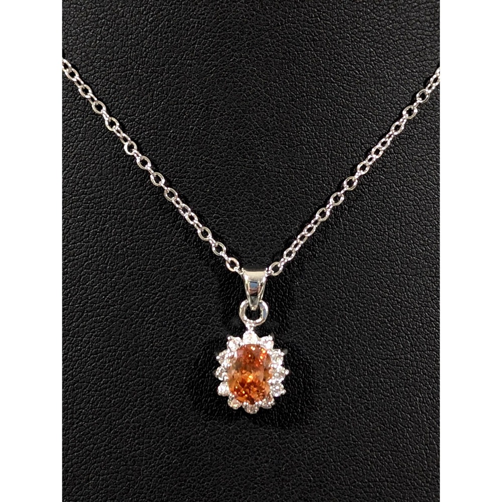 Faux Topaz CZ Oval Charm Necklaceâ Halo Crystal Silver Tone Birthstone 18 inch